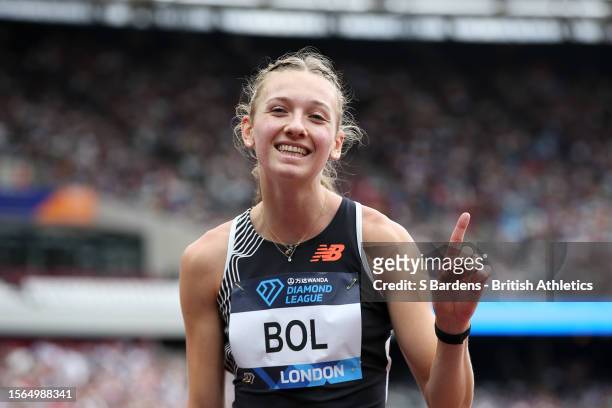 Femke Bol of Team Netherlands celebrates after winning the Women's 400 Metres Hurdles during the London Athletics Meet, part of the 2023 Diamond...