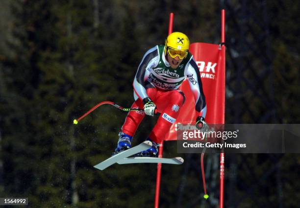 Hermann Maier of Austria in action during the mens downhill event at the World Championships in St Anton, Austria. Maier finished in 2nd place....