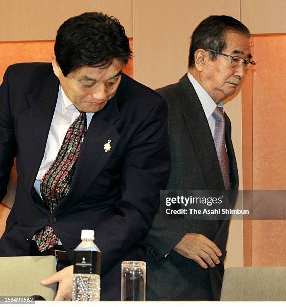 Genzei Nippon party leader and Nagoya City mayor Takashi Kawamura and the Sunrise Party joint leader Shintaro Ishikara leave after a press conference...