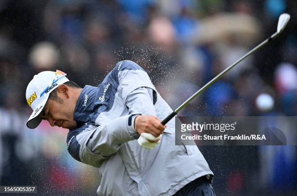 Hideki Matsuyama of Japan tees off on the 4th hole during Day Four of The 151st Open at Royal Liverpool Golf Club on July 23, 2023 in Hoylake,...