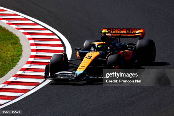 Lando Norris of Great Britain driving the McLaren MCL60 Mercedes on track during the F1 Grand Prix of Hungary at Hungaroring on July 23, 2023 in...