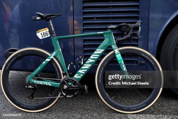 Custom Canyon bike of Jasper Philipsen of Belgium and Team Alpecin-Deceuninck - Green Points Jersey prior to the stage twenty-one of the 110th Tour...