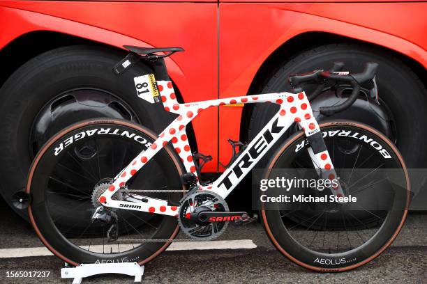 Custom Trek Bike of Giulio Ciccone of Italy and Team Lidl-Trek - Polka Dot Mountain Jersey prior to the stage twenty-one of the 110th Tour de France...