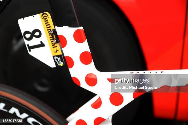 Custom Trek Bike of Giulio Ciccone of Italy and Team Lidl-Trek - Polka Dot Mountain Jersey prior to the stage twenty-one of the 110th Tour de France...