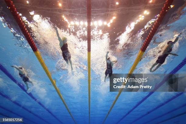 Ariarne Titmus of Team Australia and Katie Ledecky of Team United States compete in the Women's 400m Freestyle Final on day one of the Fukuoka 2023...
