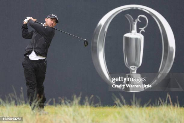 Brian Harman of the United States tees off on the 1st hole on Day Four of The 151st Open at Royal Liverpool Golf Club on July 23, 2023 in Hoylake,...