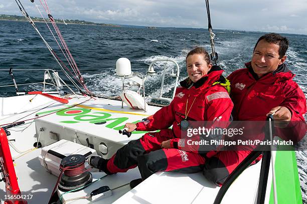 British yachtswoman Samantha Davies is photographed for Paris Match with her husband Roman Attanasio and baby son Rueben as she makes preparations...