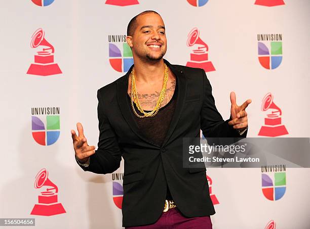 Recording artist Skyblu of LMFAO arrives at the press room for the 13th annual Latin GRAMMY Awards held at the Mandalay Bay Events Center on November...