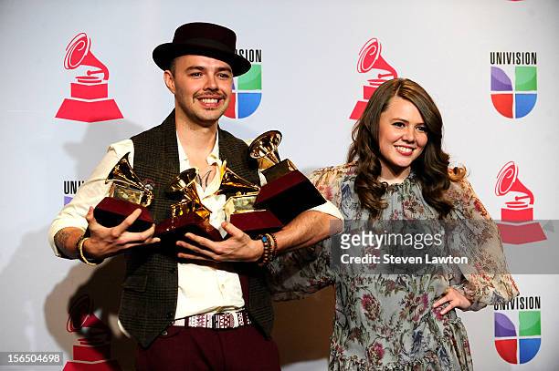 Singers Jesse Huerta and Joy Huerta of Jesse & Joy arrive at the press room for the 13th annual Latin GRAMMY Awards held at the Mandalay Bay Events...