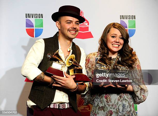 Singers Jesse Huerta and Joy Huerta of Jesse & Joy arrive at the press room for the 13th annual Latin GRAMMY Awards held at the Mandalay Bay Events...