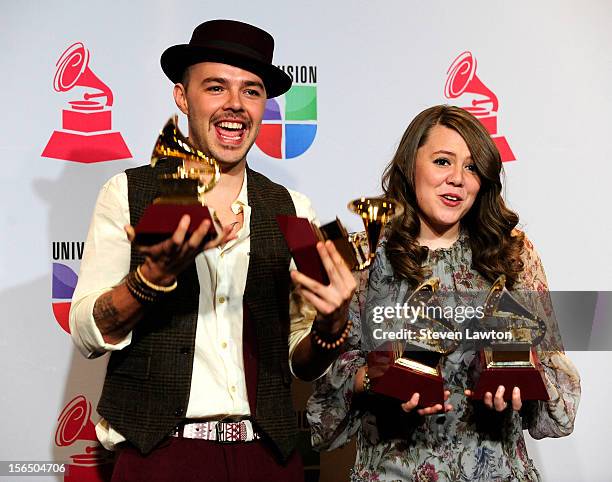 Singers Jesse Huerta and Joy Huerta of Jesse & Joy arrive at the press room for the 13th annual Latin GRAMMY Awards held at the Mandalay Bay Events...