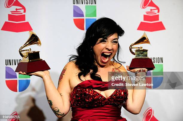 Singer Carla Morrison arrives at the press room for the 13th annual Latin GRAMMY Awards held at the Mandalay Bay Events Center on November 15, 2012...