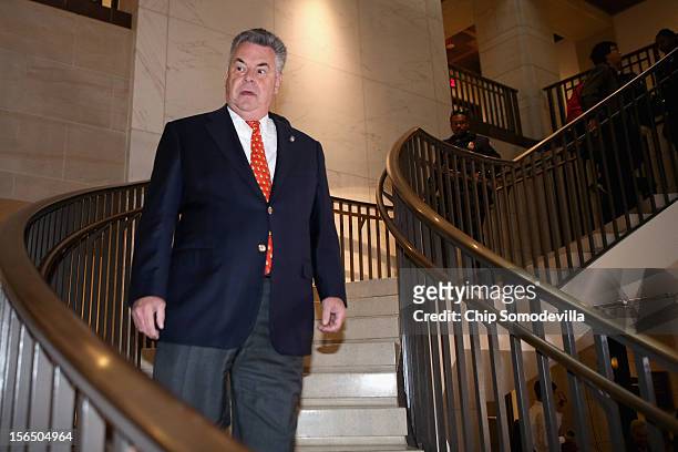 House Permanent Select Committee on Intelligence member Rep. Peter King arrives at the U.S. Capitol for a hearing November 16, 2012 in Washington,...