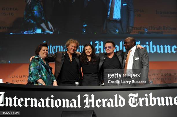 Suzy Menkes, International Herald Tribune Fashion Editor, Renzo Rosso, Diesel Founder, Alison Hewson, Bono and Erastus Kibugu of TechnoServe pose...