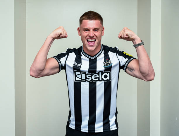 Harvey Barnes poses for photos after signing for Newcastle United at Ritz Carlton Hotel on July 22, 2023 in Philadelphia, Pennsylvania.