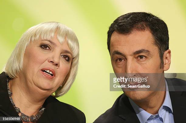 German Greens Party co-chairleaders Claudia Roth and Cem Oezdemir attend the Greens party federal convention on November 16, 2012 in Hanover,...