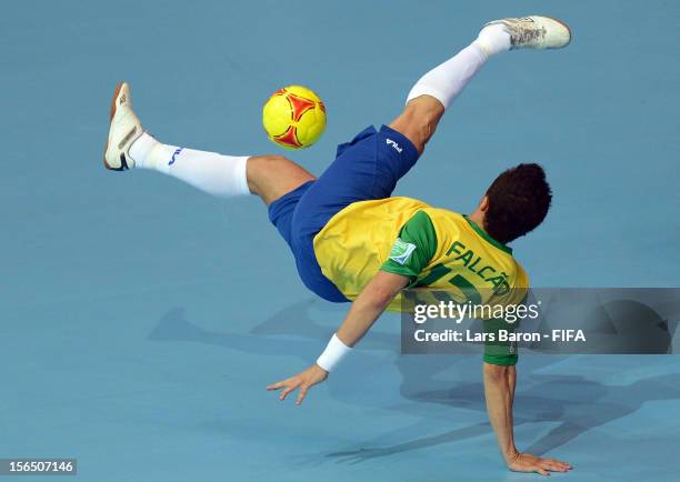 Falcao of Brazil tries a overhead kick during the FIFA Futsal World Cup Semi-Final match between Brazil and Colombia at Indoor Stadium Huamark on...