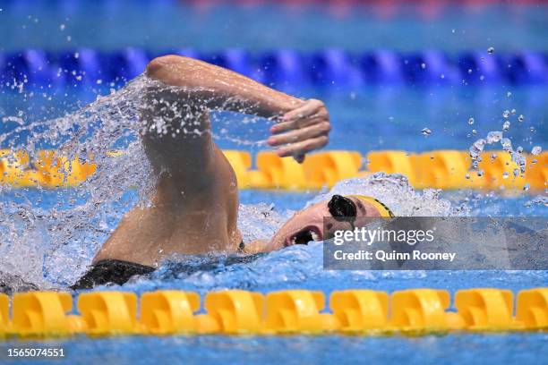 Meg Harris of Team Australia competes in the Women's 4 x 100m Freestyle Relay Final on day one of the Fukuoka 2023 World Aquatics Championships at...