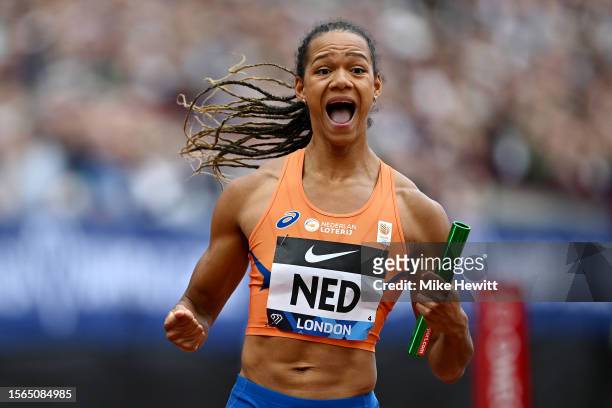 Tasa Jiya of Team Netherlands celebrates after crossing the finish line for Team Netherlands to win the Women's 4x100 Metres Relay during the London...