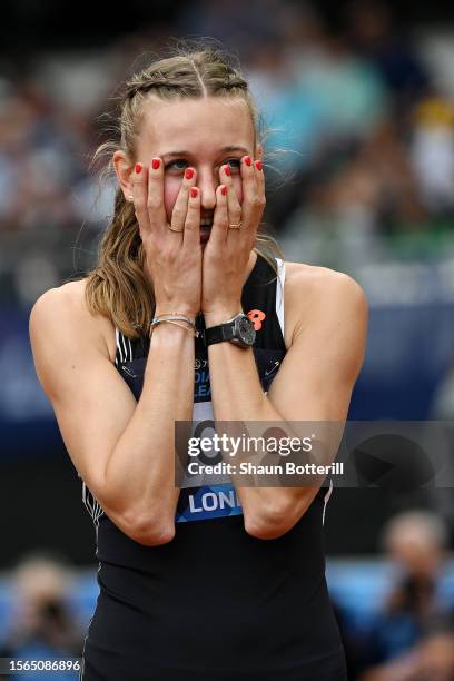 Femke Bol of Team Netherlands celebrates after winning the Women's 400 Metres Hurdles during the London Athletics Meet, part of the 2023 Diamond...