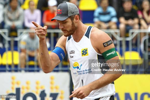 Brazilian beach volley player Allison in action during a match with his teammate Emanuel Rego for the 5th stage of the season 2012/2013 of Banco do...