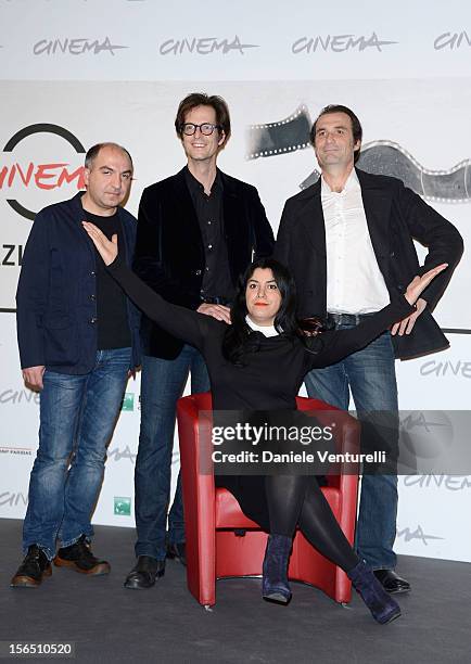 Ali Mafakheri, Mattias Ripa, Marjane Satrapi and Stephane Roche attend the 'La Bande Des Jotas' Photocall during the 7th Rome Film Festival at the...