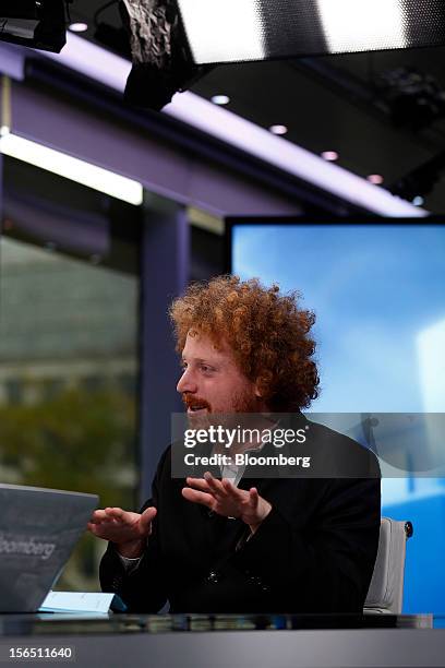 Edward Saatchi, chief executive officer of NationalField, gestures during a Bloomberg Television interview in London, U.K., on Friday, Nov. 16, 2012....