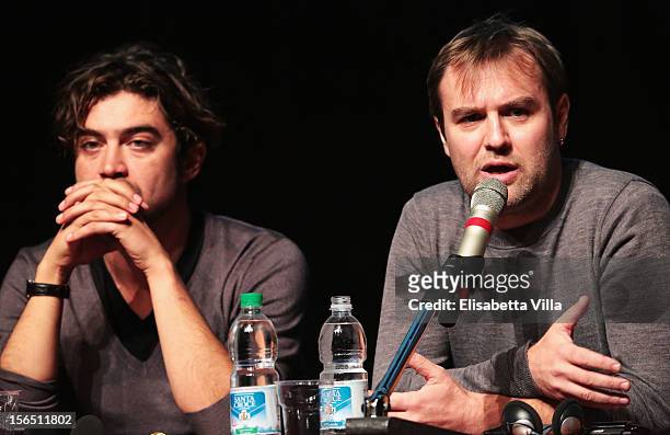 Actor Riccardo Scamarcio and director Francesco Amato attends the 'Cosimo E Nicole' Press Conference during the 7th Rome Film Festival at the...