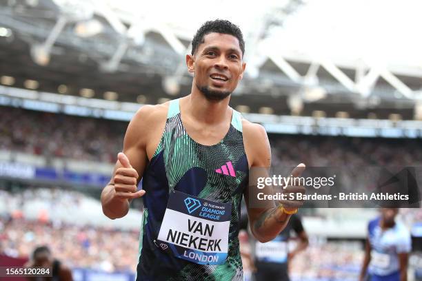 Wayde Van Niekerk of Team South Africa celebrates after winning Men's 400 Metres during the London Athletics Meet, part of the 2023 Diamond League...