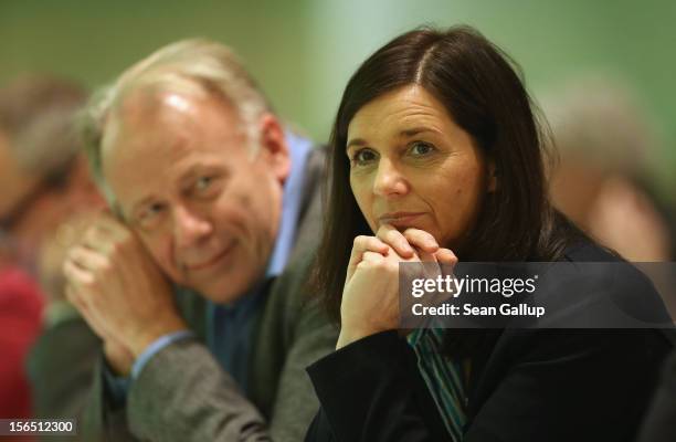 German Greens Party co-chancellor candidates Katrin Goering-Eckardt and Juergen Trittin attend the Greens party federal convention on November 16,...