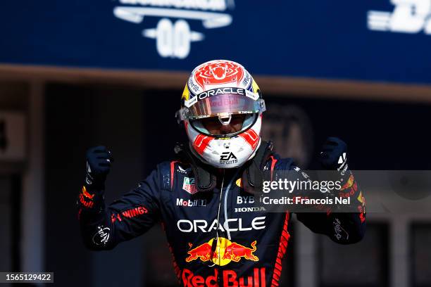Race winner Max Verstappen of the Netherlands and Oracle Red Bull Racing celebrates in parc ferme during the F1 Grand Prix of Hungary at Hungaroring...