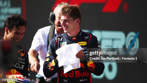 Race winner Max Verstappen of the Netherlands and Oracle Red Bull Racing celebrates in parc ferme during the F1 Grand Prix of Hungary at Hungaroring...