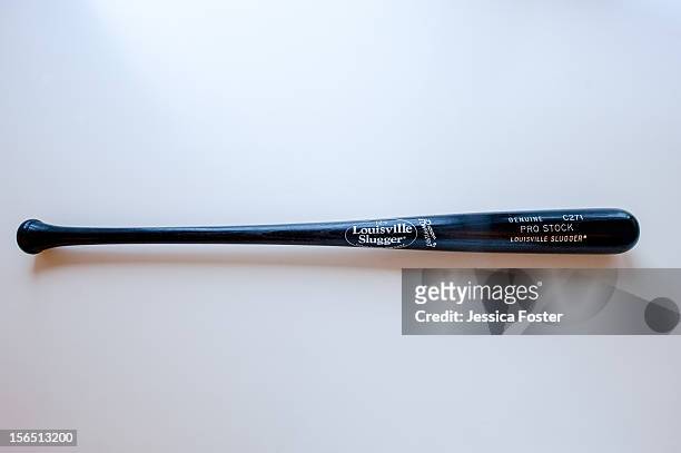 Detail shot of an official Major League Baseball Louisville Slugger bat as seen on November 16, 2012 in New York, New York.