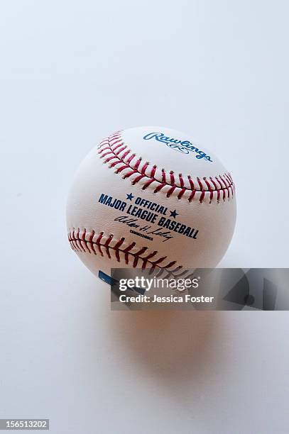 Detail shot of an official Major League Baseball Rawlings baseball as seen on November 16, 2012 in New York, New York.