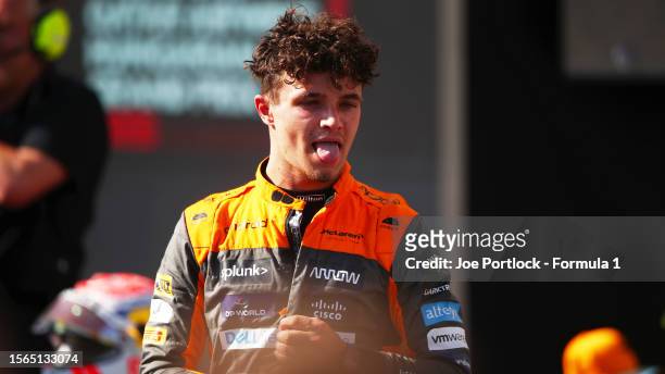 Second placed Lando Norris of Great Britain and McLaren celebrates in parc ferme during the F1 Grand Prix of Hungary at Hungaroring on July 23, 2023...