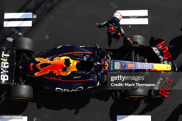 Race winner Max Verstappen of the Netherlands and Oracle Red Bull Racing celebrates in parc ferme during the F1 Grand Prix of Hungary at Hungaroring...