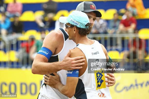 Allison and Emanuel celebrate during a match for the 5th stage of the season 2012/2013 of Banco do Brasil Beach Volleyball Circuit on November 16,...