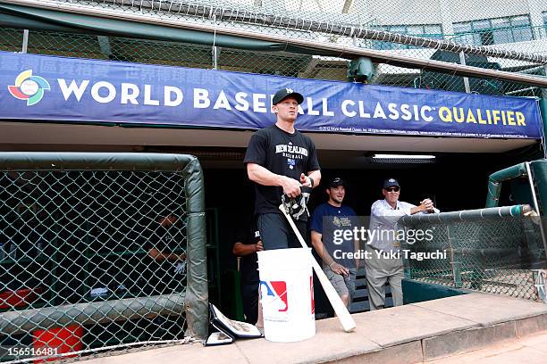 Alan Schoenberger of Team New Zealand looks on from the dugout during the workout day for the 2013 World Baseball Classic Qualifier at Xinzhuang...