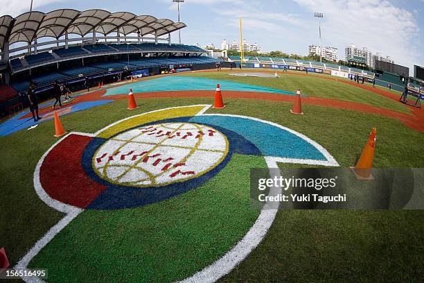 Detail shot of the World Baseball Classic logo on the field during the workout day for the 2013 World Baseball Classic Qualifier at Xinzhuang Stadium...