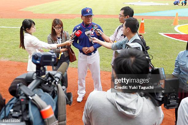 Chang-Heng Hsieh manager of Team Chinese Taipei talks to the media during the workout day for the 2013 World Baseball Classic Qualifier at Xinzhuang...