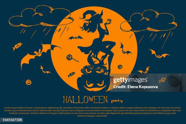 halloween concept in flat style. a young beautiful witch on pumpkins eats candy on a colorful background with bats on the background of the full moon. stylish party vector template with freehand drawings and copy space. - candy land background stock illustrations