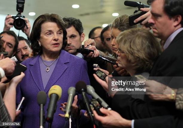 Select Committee on Intelligence chairwoman Sen. Dianne Feinstein speaks to members of the media after a hearing on the Benghazi attack November 16,...
