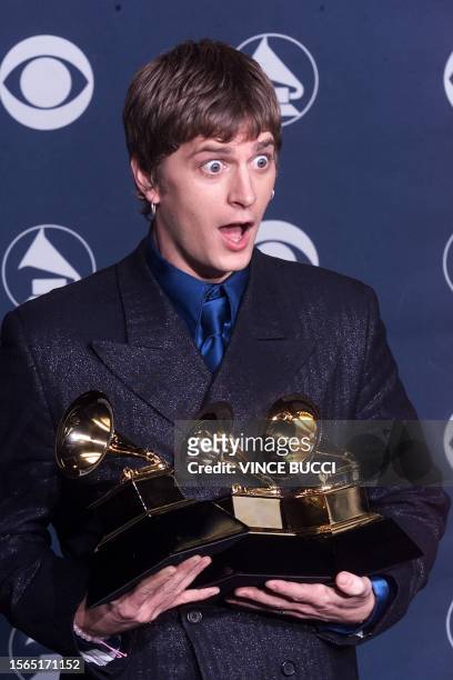 Singer Rob Thomas holds his three Grammy awards including one for Song of the Year for "Smooth" with Santana at the 42nd Annual Grammy Awards at the...