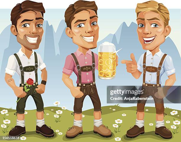 junge bayerische oktoberfest comic mann in lederhose-trachtenmode, trinken bier - traditionelle kleidung stock-grafiken, -clipart, -cartoons und -symbole