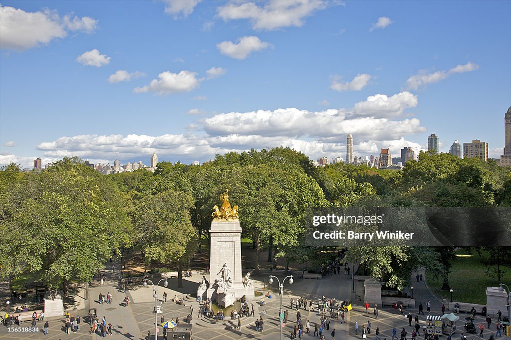 View from above of monument and park in fall.