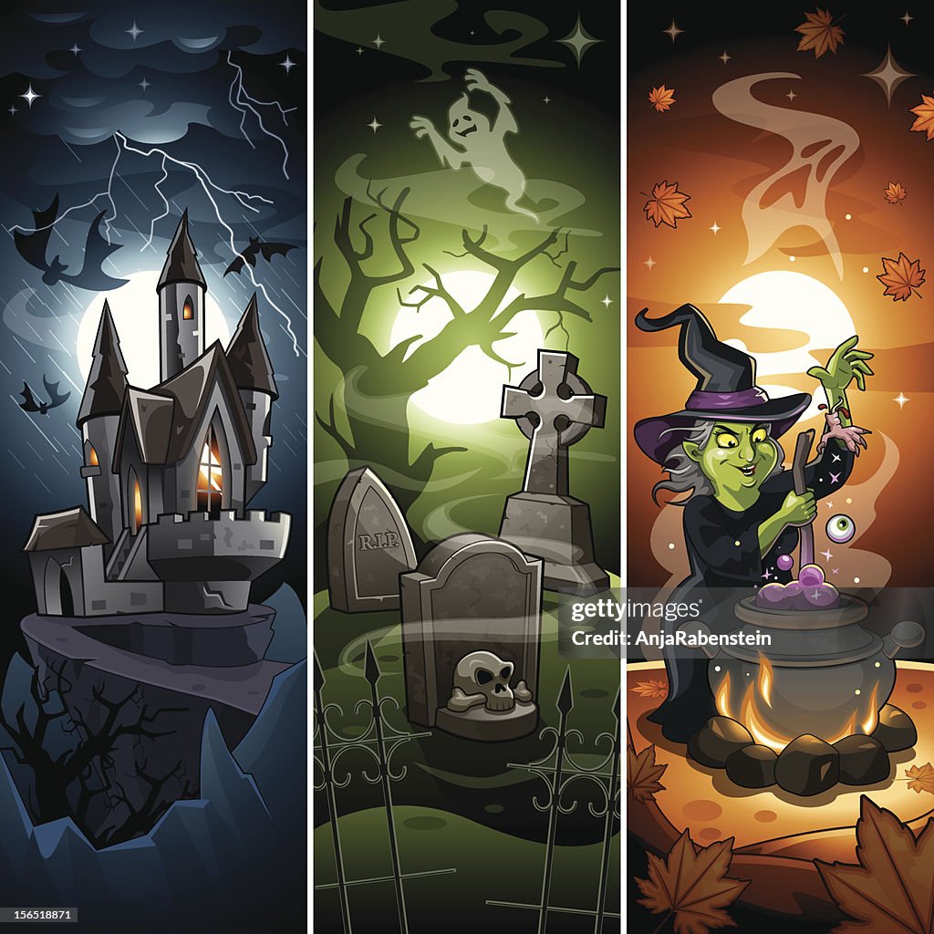 Comic Dibujos Animados Halloween Banners Con Draculas Castle Scary  Cementerio Brujas Ilustración de stock - Getty Images