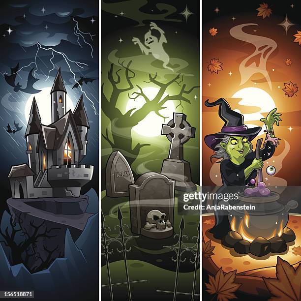 comic cartoon halloween banner with draculas castle, scary graveyard, witch - cartoon halloween stock illustrations
