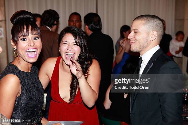 Angie Romero, Gina Rodriguez and Ramses Jimenez pose at the 6th Annual Dominican Republic Global Film Festival 2012 Day 1 on November 14, 2012 in...