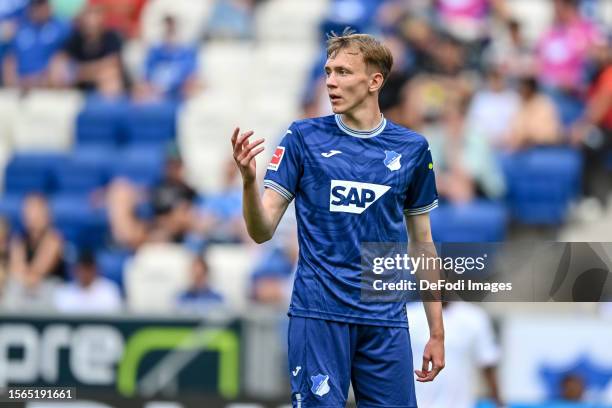 Maximilian Beier of TSG 1899 Hoffenheim gestures during the pre-season friendly match between TSG Hoffenheim and Rangers at PreZero-Arena on July 29,...