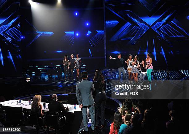 Jennel Garcia, Demi Lovato, Paige Thomas, Simon Cowell and Fifth Harmony onstage at FOX's "The X Factor" Season 2 Top 11 to 10 Live Elimination Show...